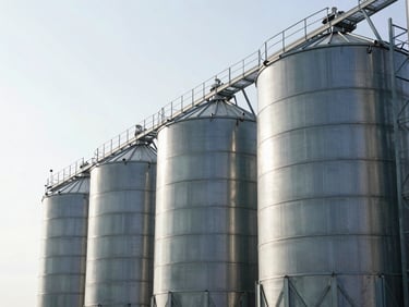 Medium shot of clean, modern stainless steel grain silos rising against a bright morning sky in Azerbaijan, sharp focus, 35mm lens