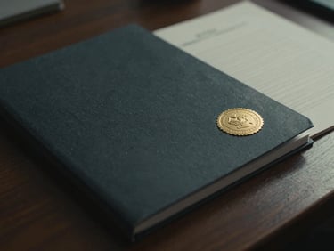 Cinematic close-up of a heavy charcoal paper stock dossier with a gold embossed seal on a dark oak desk, moody low-key lighting.
