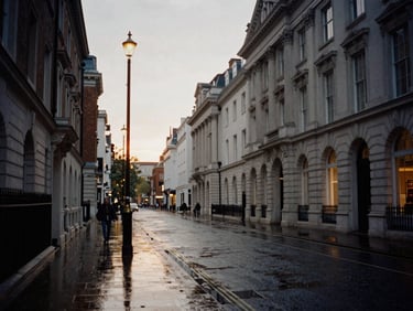 Moody London streetscape at dusk, wet pavement reflecting streetlights, architectural details of City Road, cinematic 35mm film grain.