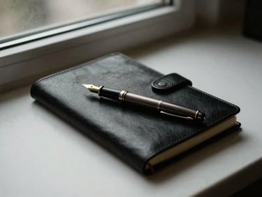 A black leather notebook open next to a vintage fountain pen, dramatic shadows, soft overcast light from a window.