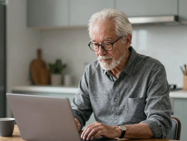 A friendly technician with a warm smile, wearing a clean blue shirt, sitting at a wooden kitchen table, helping an older adult with a laptop, bright natural daylight, shallow depth of field, 35mm