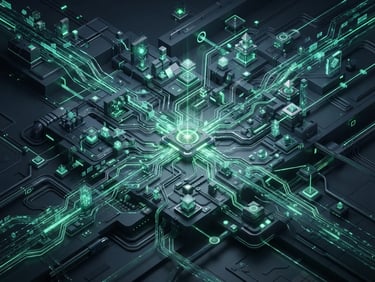 Sleek 3D render of abstract data nodes representing high-speed marketing flows, dark mode aesthetic, electric green and deep slate accents, crisp technical lighting, isometric perspective, panoramic 21:9 framing.