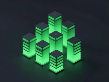 Sleek 3D render of structured database tables rising as glowing green pillars, dark mode aesthetic, isometric