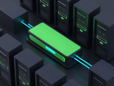 Sleek 3D render of secure server nodes sending encrypted data packets, electric cyan accents, dark mode aesthetic, isometric