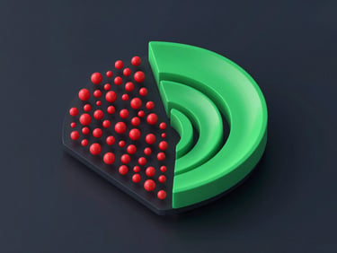 Sleek 3D render of a split funnel diagram, isometric. Left side depicts chaotic red data nodes; right side shows streamlined electric green lanes. Dark mode aesthetic, deep slate base, crisp technical lighting.