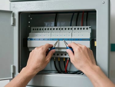 Close-up of a technician hands working on a modern electrical panel with precise tools, daylight, cool gray tones