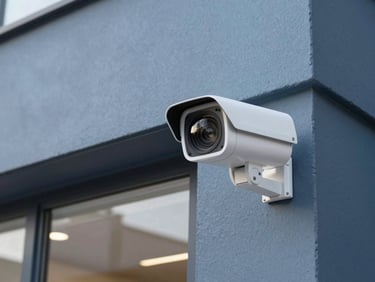 A modern security camera lens reflecting a clean storefront, bright natural daylight, slate blue tones, sharp focus