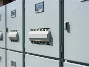 Close-up of neatly organized electrical panels, bright natural daylight, slate blue and cool gray tones, sharp focus, 35mm