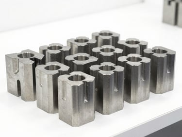 Precision custom steel dies and molds stacked neatly in a clean, modern tool room, bright high-key studio lighting, sharp focus