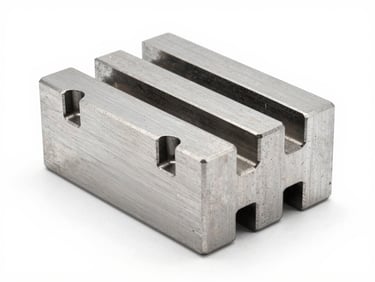 Industrial metal stamping die block in a manufacturing facility, clean overcast lighting, focus on precise metallic edges