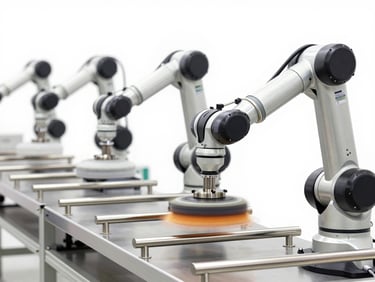 A clean industrial polishing line with robotic arms buffing stainless steel handles to a mirror finish, bright natural overcast daylight, sharp focus