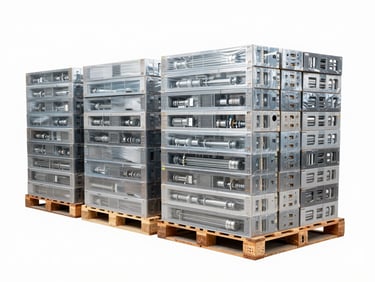 Clean, organized warehouse interior with neatly stacked pallets of boxed hardware ready for container loading, bright overcast daylight