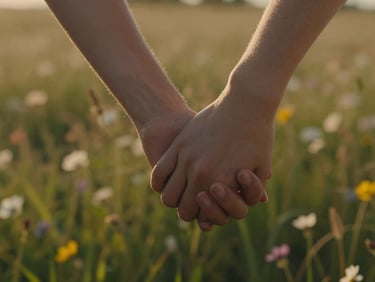 Close-up portrait-orientation frame of two hands intertwined, warm golden-hour side light catching the edges of fingers, soft-focus wildflower field behind them, no rings visible, entirely candid and unhurried