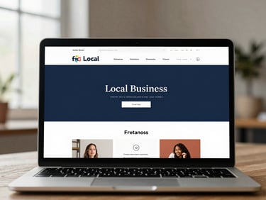 Clean desktop UI mockup of a modern local business website on a laptop, soft side-light, shallow depth of field.