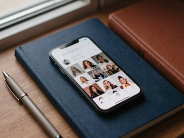 Flat-lay of a smartphone displaying a social media feed, surrounded by a notebook and pen, warm natural side-light, shallow depth of field, muted navy and terracotta tones.