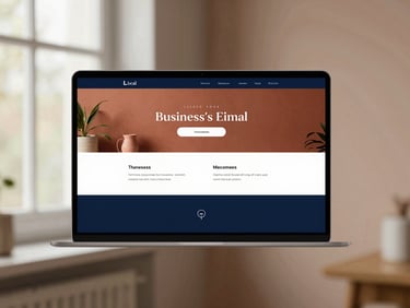 Clean desktop UI mockup of a local business website showing a modern design, soft side-lit window daylight, shallow depth of field, muted navy and terracotta tones.