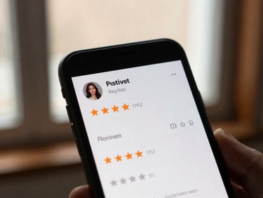 Abstract representation of positive online reviews and star ratings on a smartphone screen, muted background, shallow depth of field.