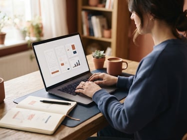 Warm editorial lifestyle photography, soft side-lit window daylight, muted navy and terracotta tones, shallow depth of field, organized workspace with a modern laptop and notebook, hands typing on the keyboard, showing a clean UI mockup on screen.