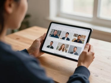 Over-the-shoulder shot of hands managing social media on a tablet, organized workspace, warm lighting, shallow depth of field.