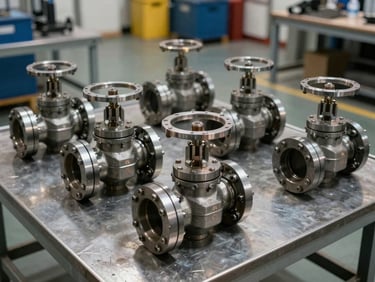 Medium environmental shot of heavy industrial valve and actuator components laid out on a steel inspection table under even north-facing warehouse light, metal surfaces and serial markings sharply rendered