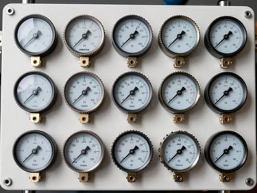 Overhead flat-lay of marine navigation sensor and depth gauge instruments arranged on a white inspection surface, even studio lighting rendering precision dial faces and connector ports, clinical and exacting