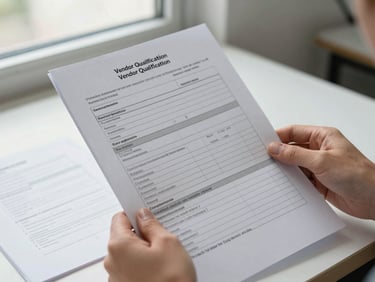Hands holding a printed vendor qualification checklist document over a desk with compliance paperwork, north-facing window light rendering paper texture and handwritten annotations with clinical clarity