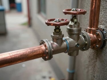 Overhead close-up of a copper pipe run with soldered joints and isolation valves in a utility corridor, natural indoor daylight, unglamorous background