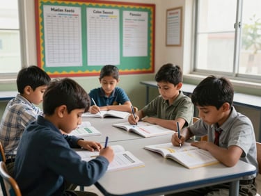 Environmental shot of a junior classroom in Lahore — children aged 8–10 working in small groups around a table with Oxford science and English textbooks open, progress charts pinned on the bulletin board behind them, daylight from a wide window