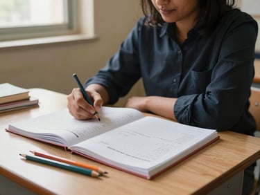 Close-up of a teacher's desk in a Lahore primary classroom under natural window light — open Oxford curriculum teacher's guide, coloured pencils, and a child's handwritten worksheet visible, warm cream walls in background