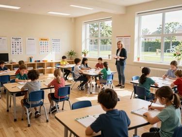 Wide-angle view of a bright ACE Day Care classroom interior, natural daylight streaming through large windows, Oxford curriculum workbooks and alphabet charts visible on tables, children seated and engaged in structured activity, teacher standing at the front reviewing materials, warm cream walls