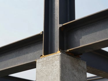 Tight detail of a structural joint, precision-cut steel beam meeting raw concrete, sharp daylight, high contrast, architectural photography