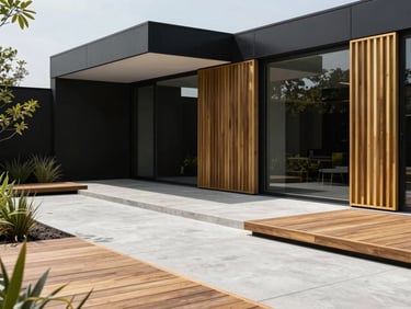 Modern minimalist garden terrace with clean concrete pavers, timber decking, and architectural planting under daylight