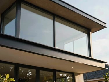 Sharp architectural detail of a newly completed modern glass and steel home extension, crisp natural daylight