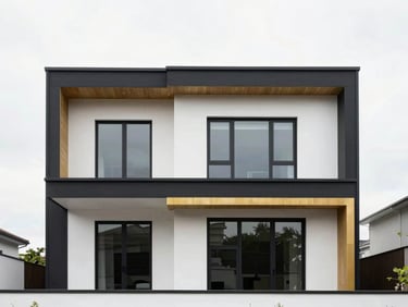 Straight-on architectural elevation of a completed modern home extension, clean minimal lines, bright overcast sky, high contrast