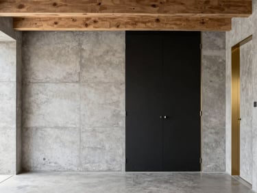 Interior view of a minimalist renovated living room featuring raw concrete walls, clean timber beams, and sharp natural lighting