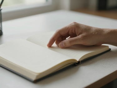 Close study of a hand resting beside an open notebook on a pale linen desk surface, diffused north-facing window light, a few handwritten lines visible but unreadable, quiet and still