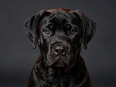 Close-up portrait of a solid black Cane Corso puppy with intense, intelligent eyes, natural ears, looking directly at the camera, dark studio background.