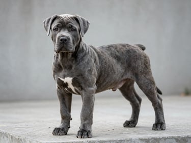 A noble gray Cane Corso puppy standing alert on a concrete platform, natural light highlighting muscular definition and athletic posture.