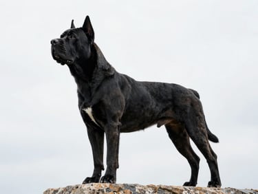 Low-angle heroic profile of a mature black Cane Corso standing alert on a granite ledge, sharp muscular definition, overcast high-contrast daylight, clean negative space.