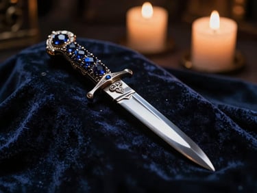 Ornate silver dagger, hilt studded with dark gems, resting on a velvet cloth under dramatic candlelight, shallow depth of field