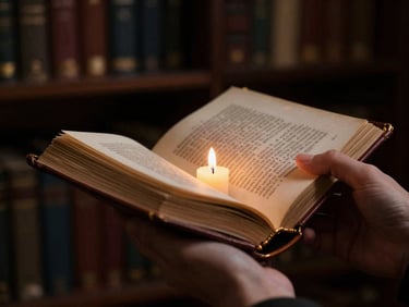 Close-up of hands holding an old, leather-bound manuscript, pages illuminated by a single flickering candle, deep jewel tones, shallow depth of field