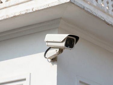Close-up of a high-resolution IP CCTV camera mounted on a building corner, crisp focus, clear wiring, bright daylight in Udaipur.
