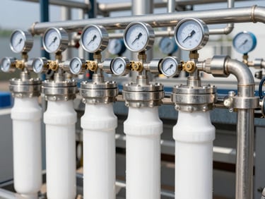 Clean industrial RO water filtration manifold with stainless steel pipes and pressure gauges, sharp focus, technical lighting.
