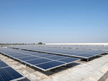 Wide shot of a commercial rooftop solar array under bright Udaipur sun, panels neatly aligned, clear blue sky, low horizon.