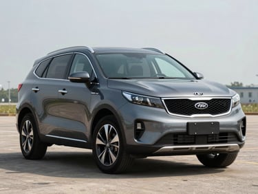 Three-quarter front view of a clean 2019 Kia Sorento in charcoal on a bright outdoor lot under even daylight, neutral asphalt background, no people