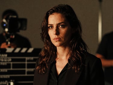 High-contrast character portrait of a female producer on a dimly lit film set, warm tungsten highlights, shallow depth of field.