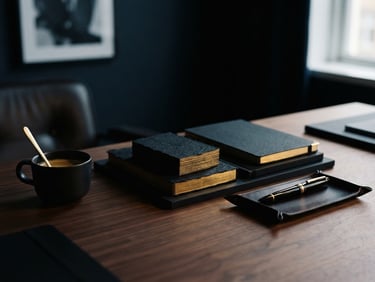 Low-key cinematic photography of a minimalist luxury workspace, dark paper textures with subtle gold foil edges, soft studio lighting, 35mm