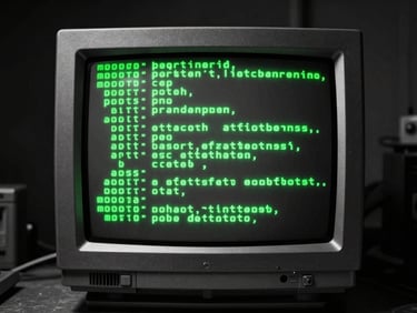 Brutalist digital photography of a CRT monitor glowing with green terminal code, harsh direct flash, high contrast black and white, macro lens, retro-futuristic laboratory setting