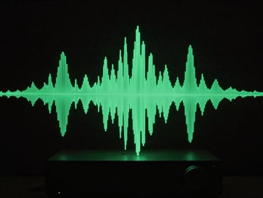 Abstract sound wave geometries interacting with a high-end audio terminal in a dark room, single-source monochromatic green luminescence, wide architectural shot, moody editorial photography, 35mm