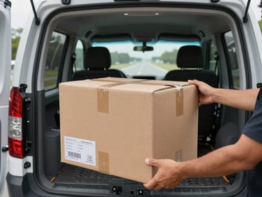 Close-up framing, hands securing a shipping-labeled cardboard box into a van cargo bay, bright overcast daylight through open rear doors, South Carolina road visible in background through windshield, functional and unglamorous, no staging